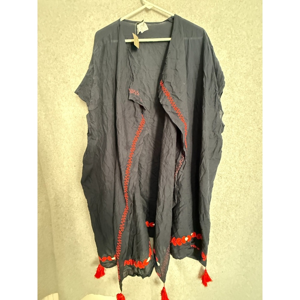 J.Crew Embroidered Kimono Women's OS Navy Red Tassel Trim Cotton Boho Wrap NWT‎